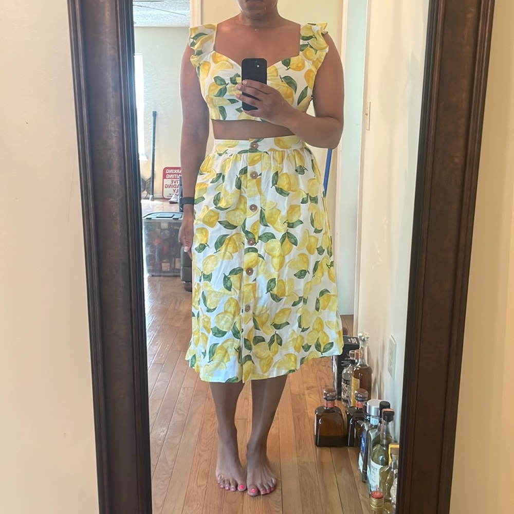 Lemon print bralette top with ruffles and a-line skirt